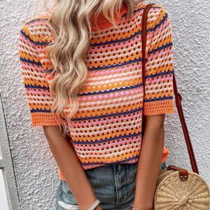 Neon Orange Striped Crochet Knit Women's Shor Sleeve Slightly Cropped Shirt L